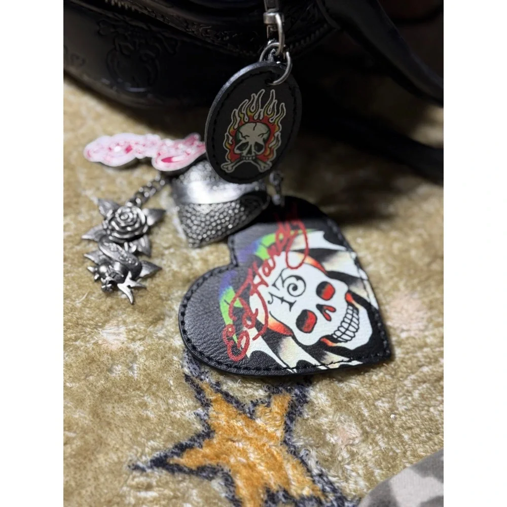 ED‎ Hardy Skull Studded Black Satchel Handbag Charms Shoulder Strap MSRP $89.99